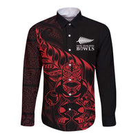 New Zealand Lawn Bowls Custom Long Sleeve Button Shirt Red Maori Warrior Tribal Silver Fern - Polynesian Pride