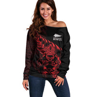 New Zealand Lawn Bowls Custom Off Shoulder Sweater Red Maori Warrior Tribal Silver Fern - Polynesian Pride