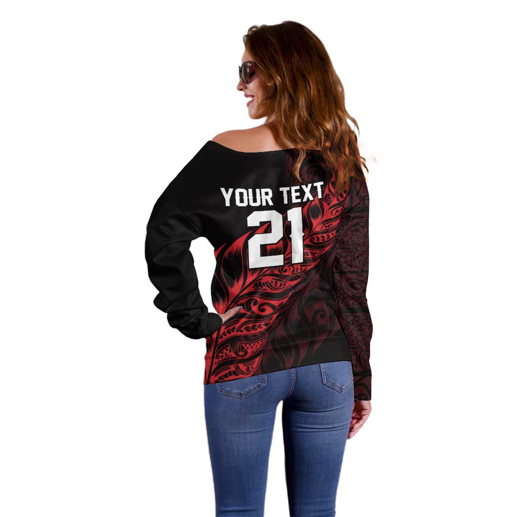 New Zealand Lawn Bowls Custom Off Shoulder Sweater Red Maori Warrior Tribal Silver Fern - Polynesian Pride