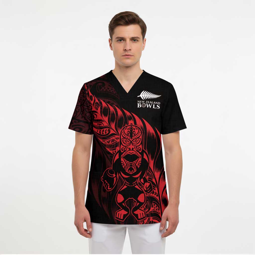 New Zealand Lawn Bowls Custom Scrub Top Red Maori Warrior Tribal Silver Fern - Polynesian Pride