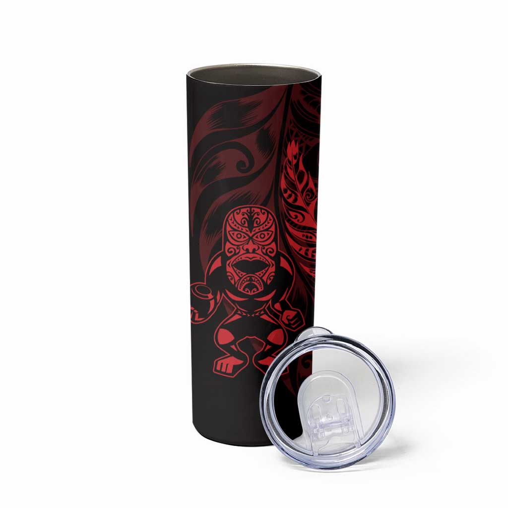 New Zealand Lawn Bowls Custom Skinny Tumbler Red Maori Warrior Tribal Silver Fern - Polynesian Pride