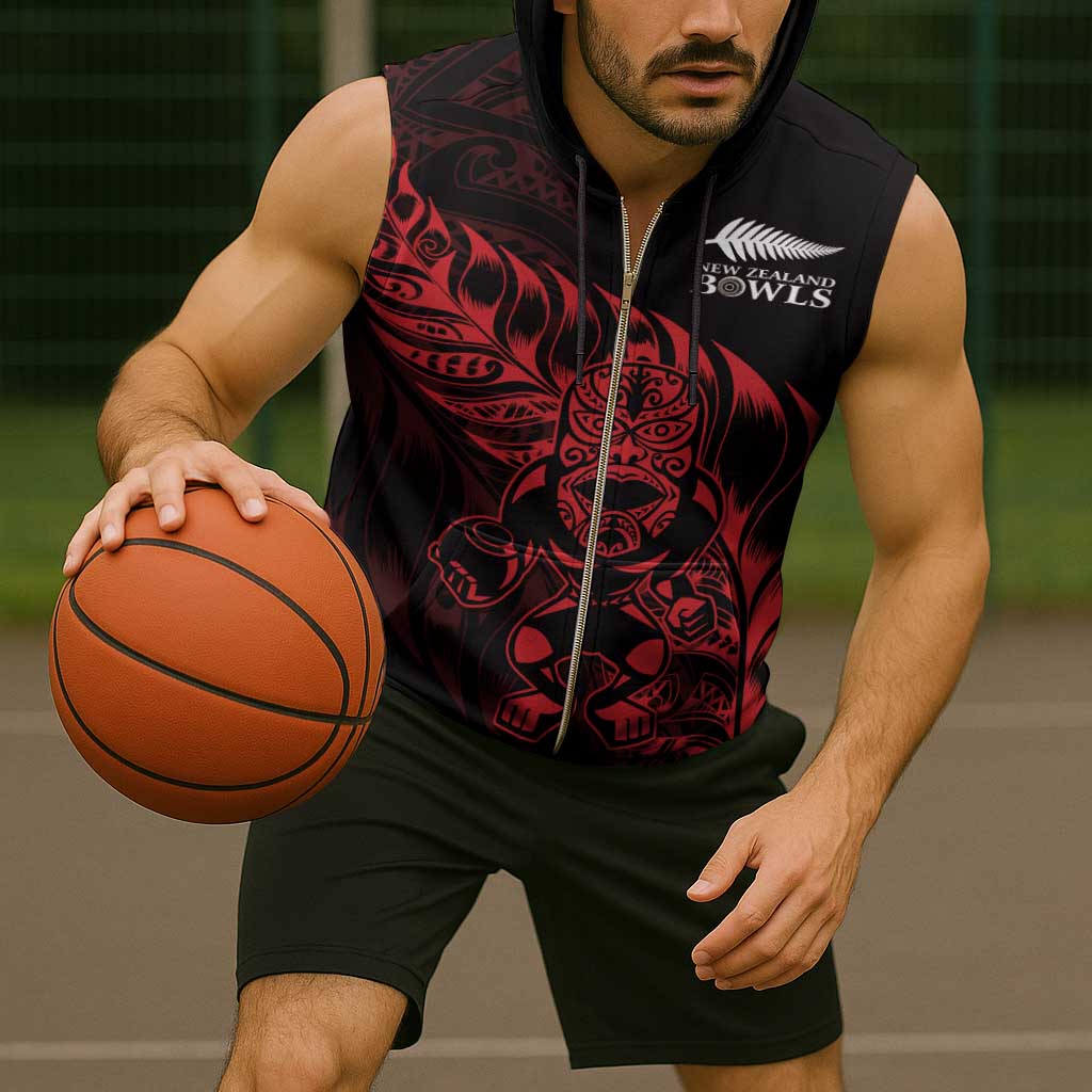 New Zealand Lawn Bowls Custom Sleeveless Zip Hoodie Red Maori Warrior Tribal Silver Fern - Polynesian Pride