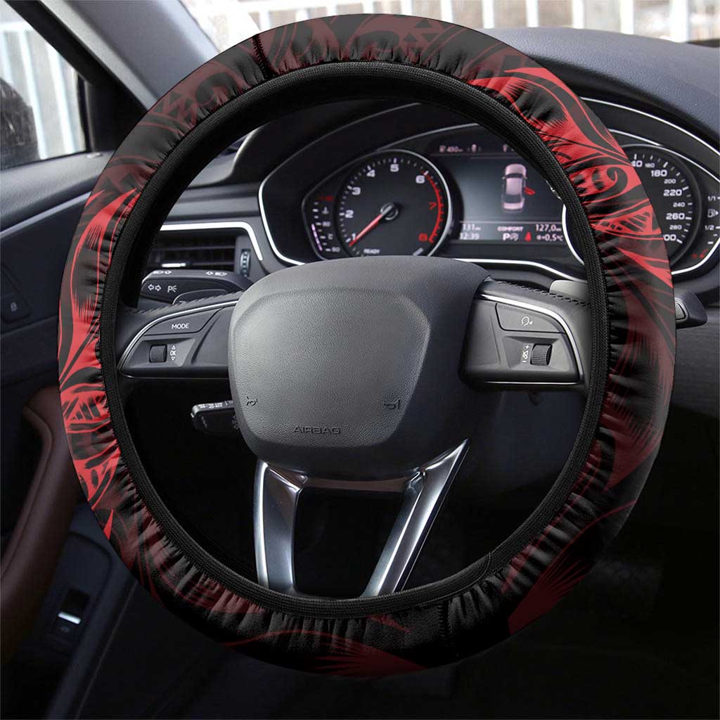 New Zealand Lawn Bowls Steering Wheel Cover Red Maori Warrior Tribal Silver Fern - Polynesian Pride