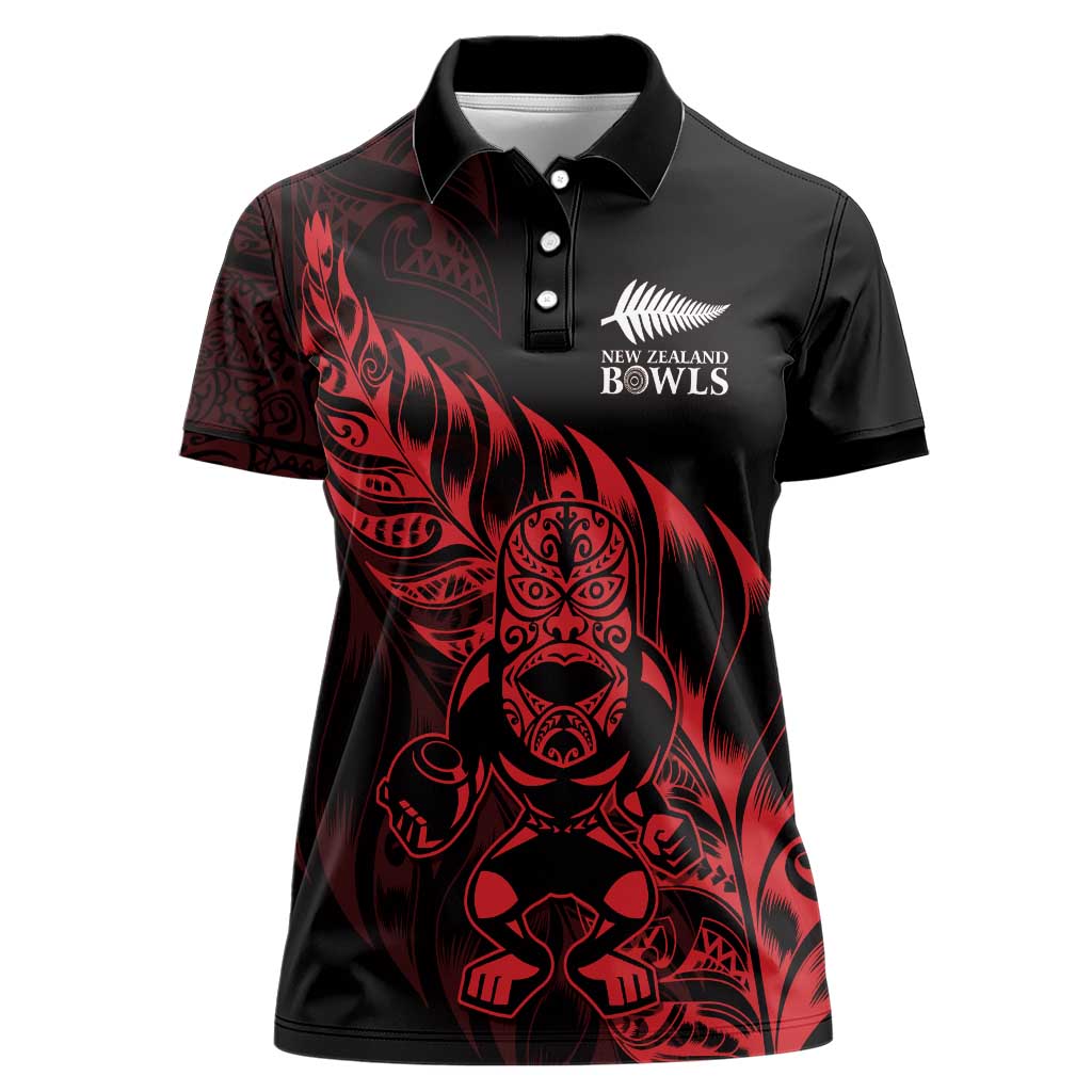 New Zealand Lawn Bowls Custom Women Polo Shirt Red Maori Warrior Tribal Silver Fern - Polynesian Pride
