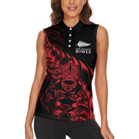 New Zealand Lawn Bowls Custom Women Sleeveless Polo Shirt Red Maori Warrior Tribal Silver Fern - Polynesian Pride