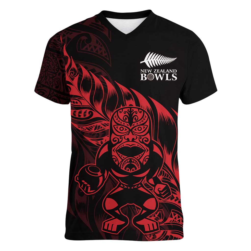 New Zealand Lawn Bowls Custom Women V-Neck T-Shirt Red Maori Warrior Tribal Silver Fern - Polynesian Pride