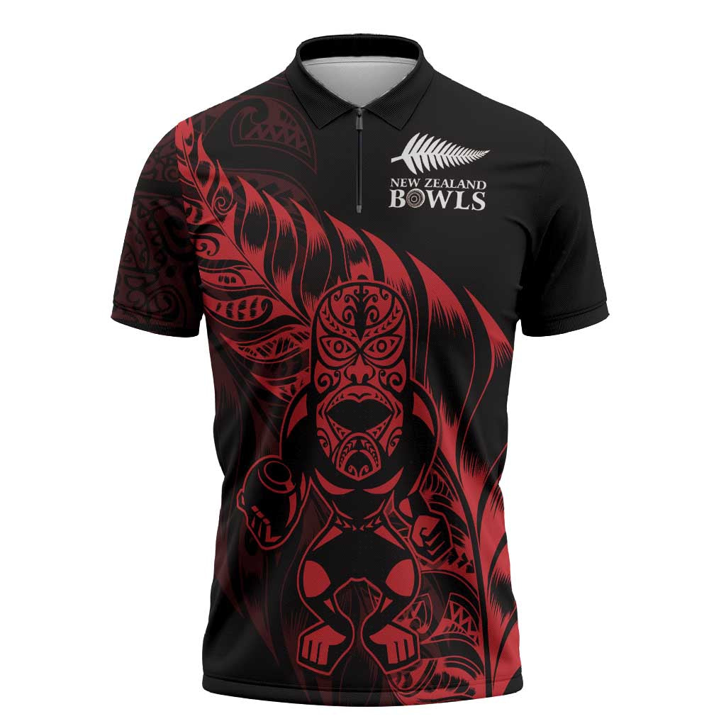 New Zealand Lawn Bowls Custom Zipper Polo Shirt Red Maori Warrior Tribal Silver Fern - Polynesian Pride