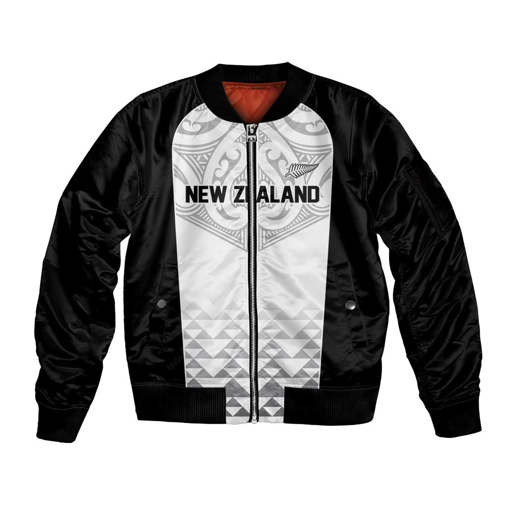 World Football 2026 New Zealand Custom Sleeve Zip Bomber Jacket All White Fern Maori Tribal LT9 Unisex White - Polynesian Pride