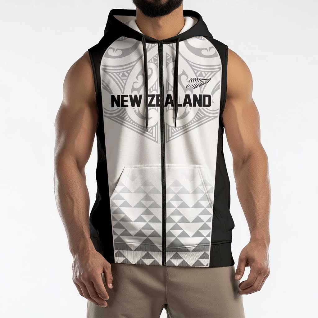 World Football 2026 New Zealand Custom Sleeveless Zip Hoodie All White Fern Maori Tribal - Polynesian Pride