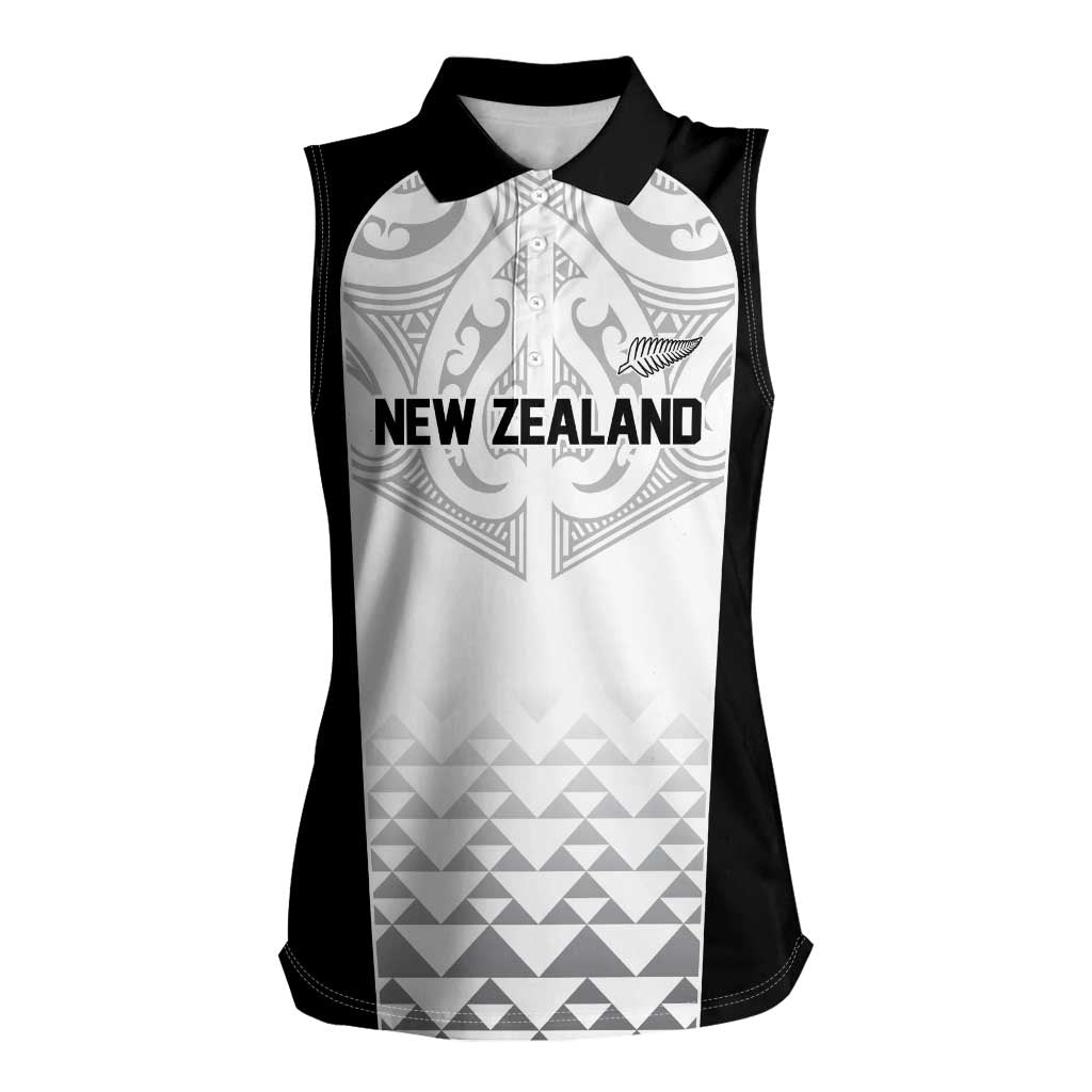 World Football 2026 New Zealand Custom Women Sleeveless Polo Shirt All White Fern Maori Tribal LT9 Female White - Polynesian Pride