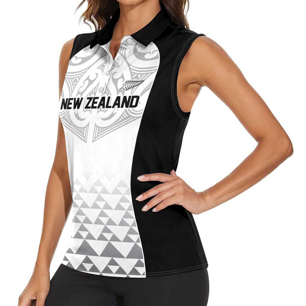 World Football 2026 New Zealand Custom Women Sleeveless Polo Shirt All White Fern Maori Tribal LT9 - Polynesian Pride