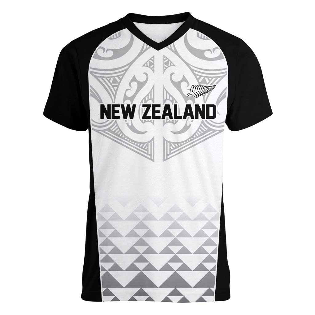 World Football 2026 New Zealand Custom Women V-Neck T-Shirt All White Fern Maori Tribal LT9 Female White - Polynesian Pride