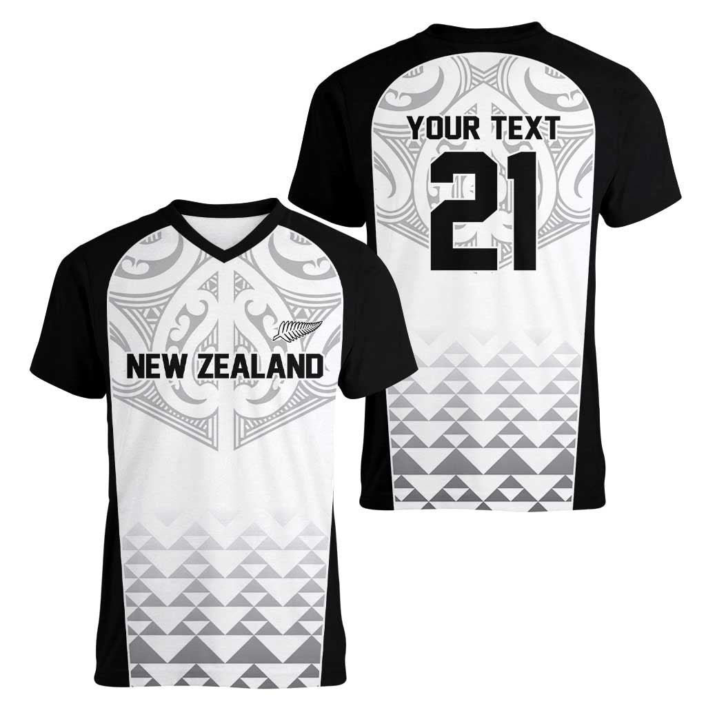 World Football 2026 New Zealand Custom Women V-Neck T-Shirt All White Fern Maori Tribal LT9 - Polynesian Pride