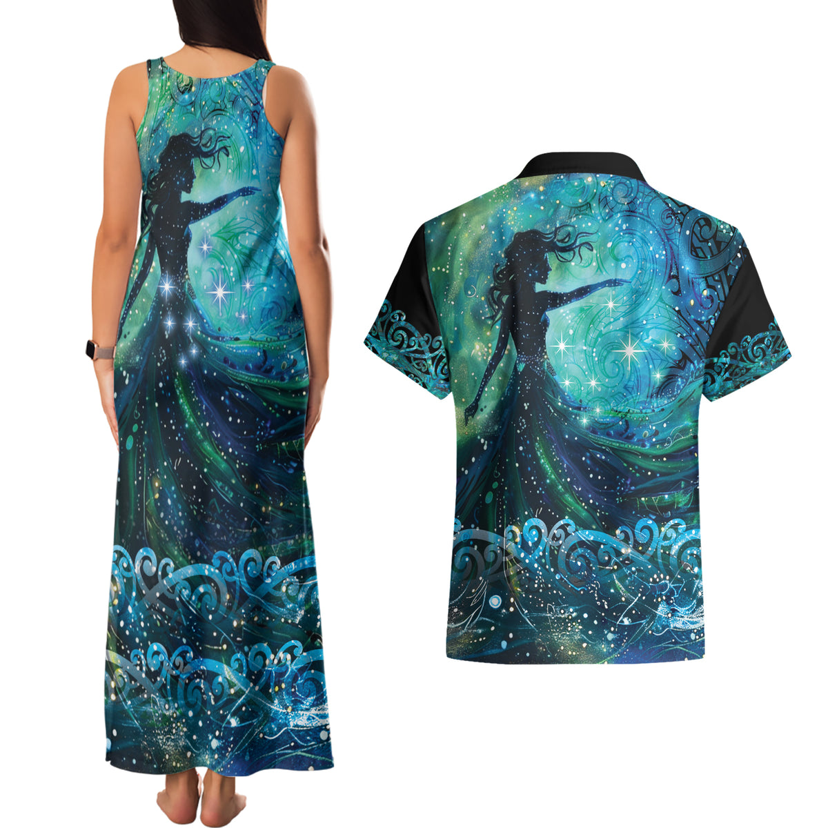 New Zealand Matariki Hiwa-i-te-rangi Couples Matching Tank Maxi Dress and Hawaiian Shirt Titiro ki nga Whetu Wishing Star