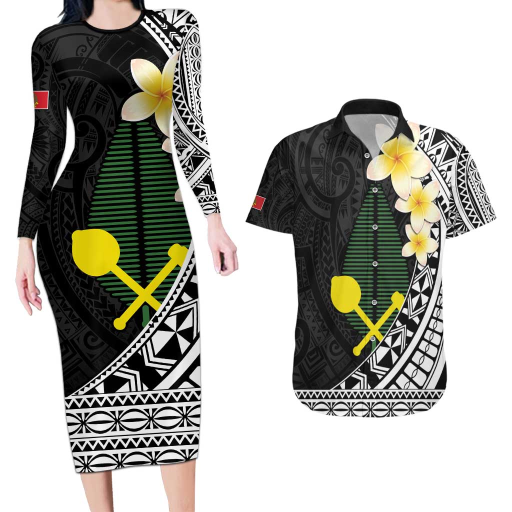 Alo Chiefdom Wallis and Futuna Personalized Couples Matching Long Sleeve Bodycon Dress and Hawaiian Shirt Frangipani Flowers Polynesian Pattern