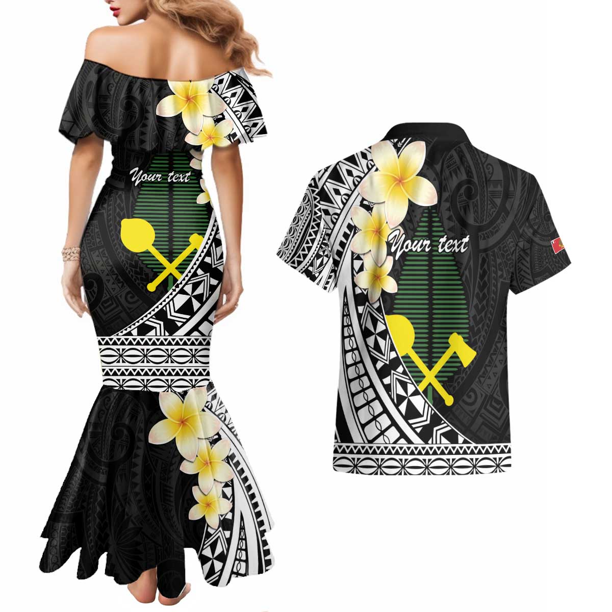Alo Chiefdom Wallis and Futuna Personalized Couples Matching Mermaid Dress and Hawaiian Shirt Frangipani Flowers Polynesian Pattern
