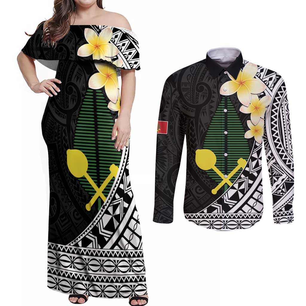 Alo Chiefdom Wallis and Futuna Personalized Couples Matching Off Shoulder Maxi Dress and Long Sleeve Button Shirt Frangipani Flowers Polynesian Pattern