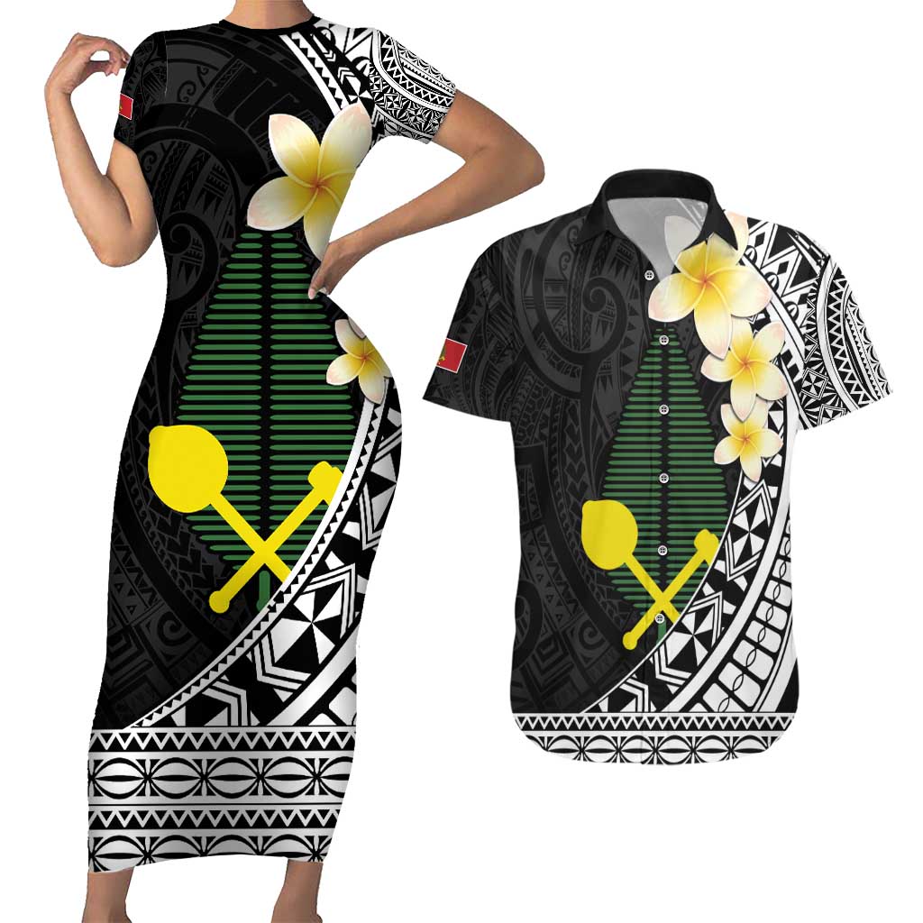 Alo Chiefdom Wallis and Futuna Personalized Couples Matching Short Sleeve Bodycon Dress and Hawaiian Shirt Frangipani Flowers Polynesian Pattern