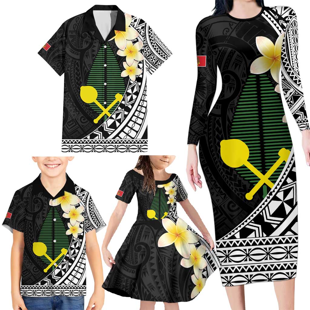 Alo Chiefdom Wallis and Futuna Personalized Family Matching Long Sleeve Bodycon Dress and Hawaiian Shirt Frangipani Flowers Polynesian Pattern