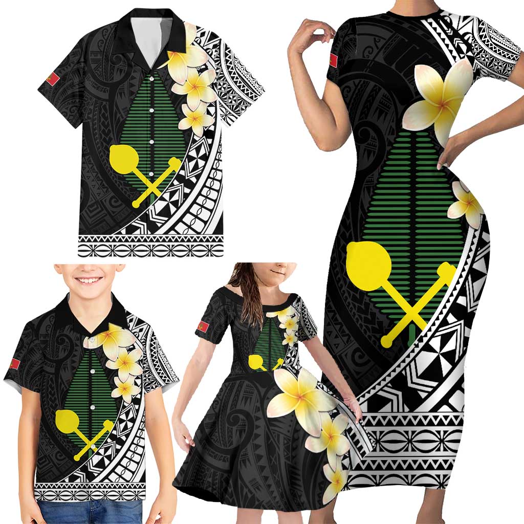 Alo Chiefdom Wallis and Futuna Personalized Family Matching Short Sleeve Bodycon Dress and Hawaiian Shirt Frangipani Flowers Polynesian Pattern