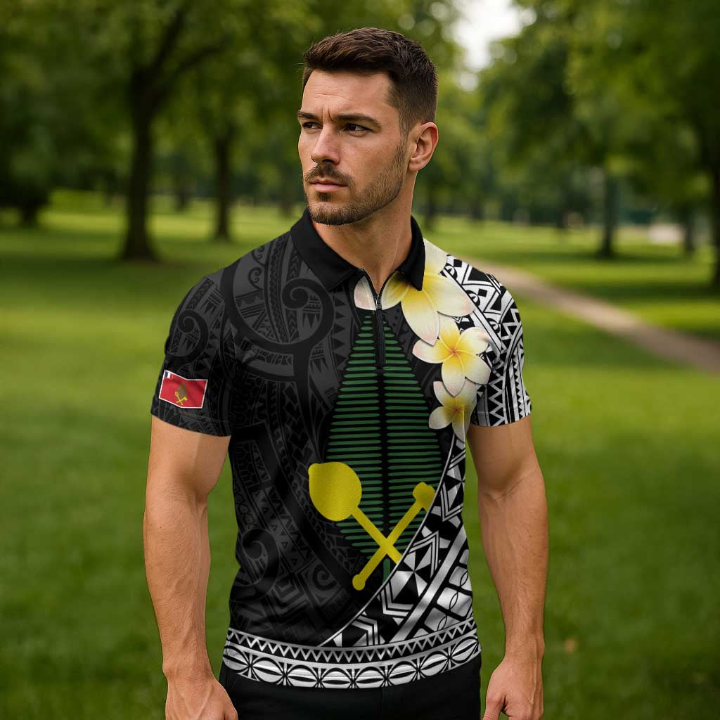 Alo Chiefdom Wallis and Futuna Personalized Zipper Polo Shirt Frangipani Flowers Polynesian Pattern - Polynesian Pride