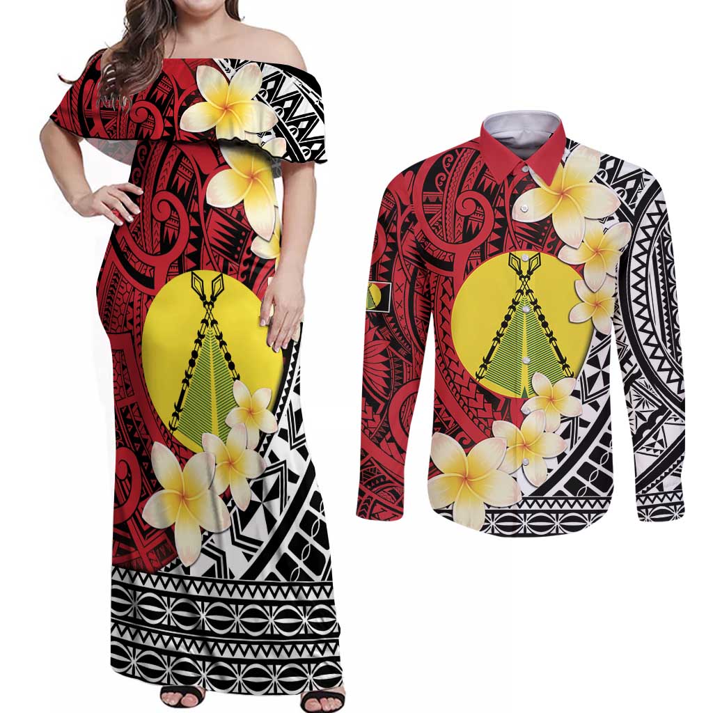 Sigave Chiefdom Wallis and Futuna Personalized Couples Matching Off Shoulder Maxi Dress and Long Sleeve Button Shirt Frangipani Flowers Polynesian Pattern