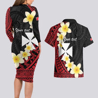 Uvea Chiefdom Wallis and Futuna Personalized Couples Matching Long Sleeve Bodycon Dress and Hawaiian Shirt Frangipani Flowers Polynesian Pattern