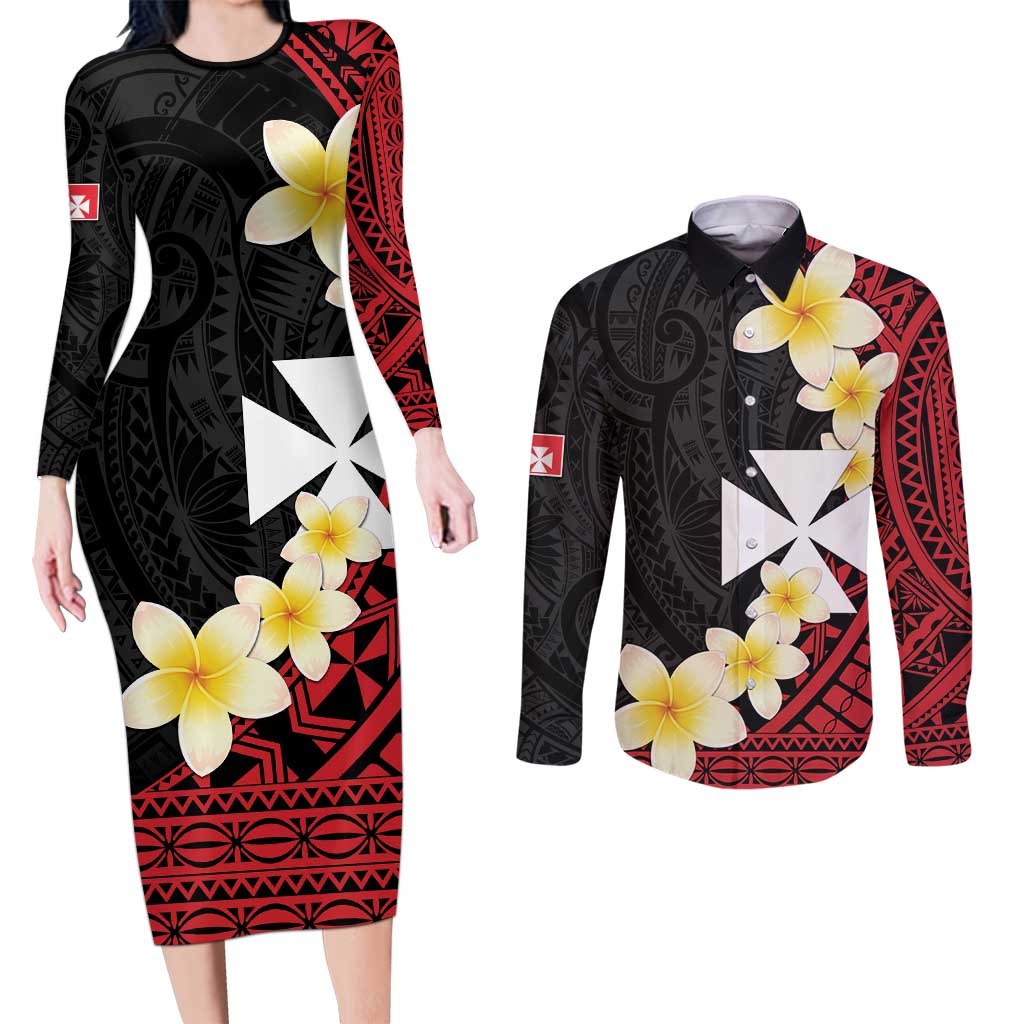 Uvea Chiefdom Wallis and Futuna Personalized Couples Matching Long Sleeve Bodycon Dress and Long Sleeve Button Shirt Frangipani Flowers Polynesian Pattern