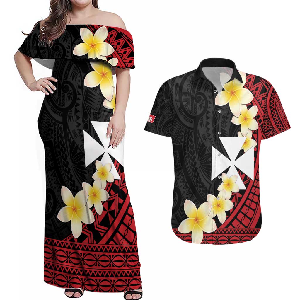Uvea Chiefdom Wallis and Futuna Personalized Couples Matching Off Shoulder Maxi Dress and Hawaiian Shirt Frangipani Flowers Polynesian Pattern