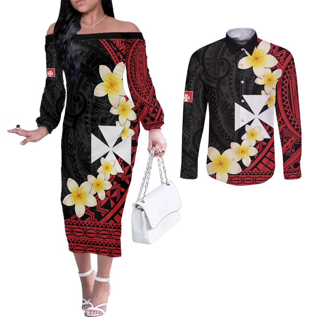 Uvea Chiefdom Wallis and Futuna Personalized Couples Matching Off The Shoulder Long Sleeve Dress and Long Sleeve Button Shirt Frangipani Flowers Polynesian Pattern