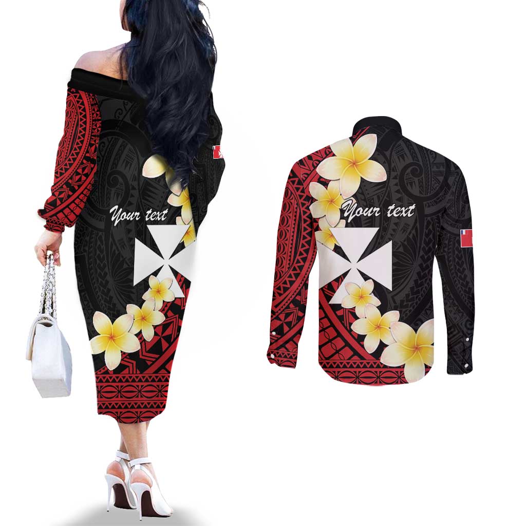 Uvea Chiefdom Wallis and Futuna Personalized Couples Matching Off The Shoulder Long Sleeve Dress and Long Sleeve Button Shirt Frangipani Flowers Polynesian Pattern