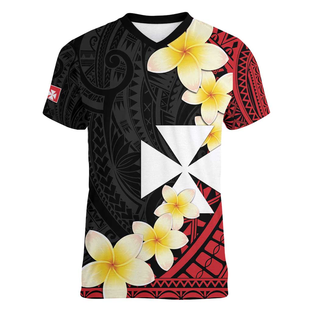 Uvea Chiefdom Wallis and Futuna Personalized Women V-Neck T-Shirt Frangipani Flowers Polynesian Pattern