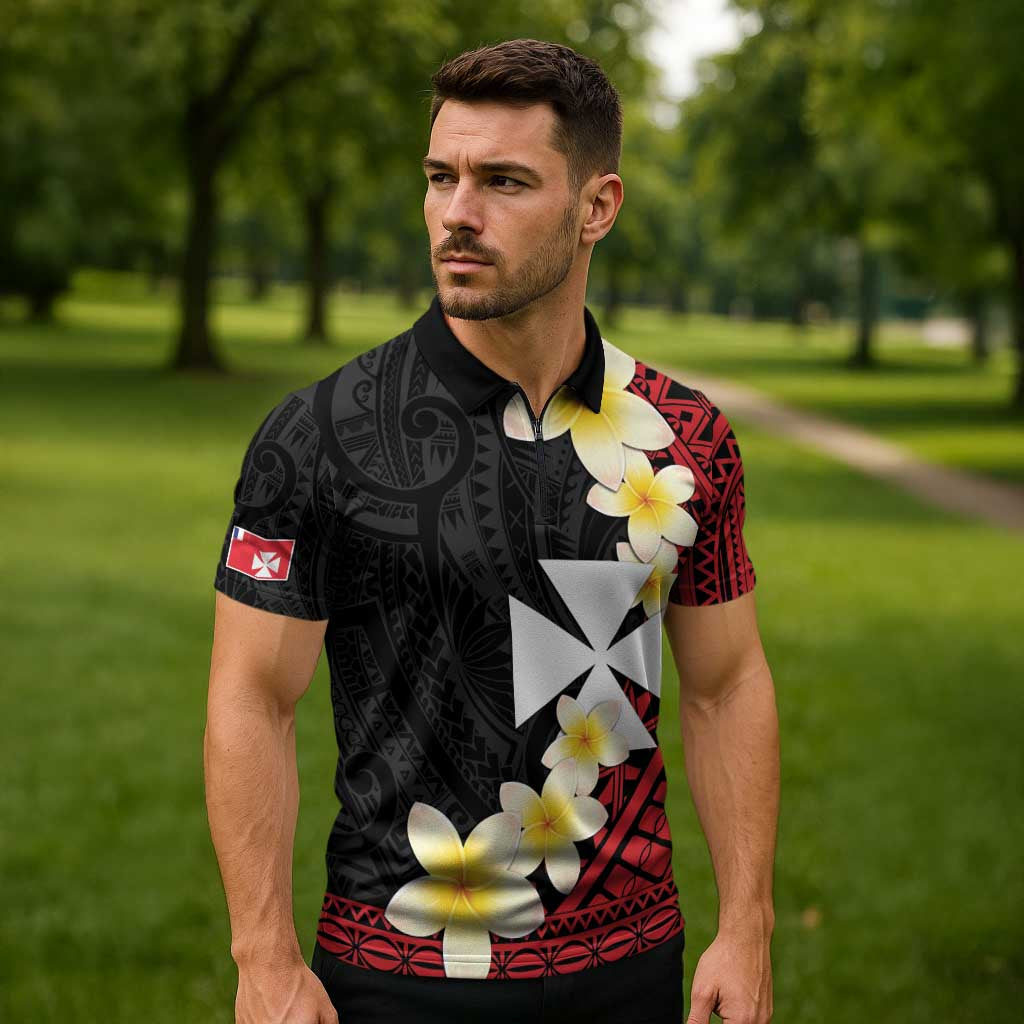 Uvea Chiefdom Wallis and Futuna Personalized Zipper Polo Shirt Frangipani Flowers Polynesian Pattern - Polynesian Pride