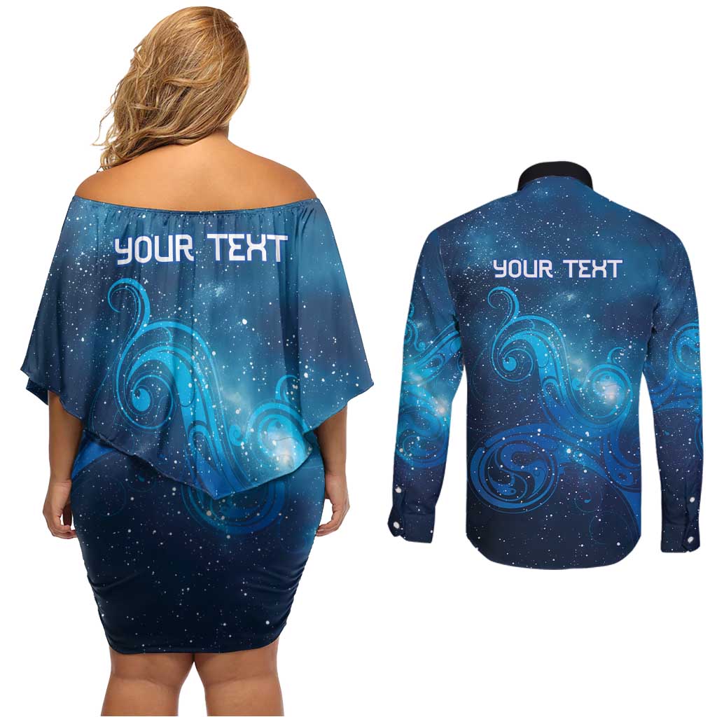 New Zealand Nurses RN Personalised Couples Matching Off Shoulder Short Dress and Long Sleeve Button Shirt Galaxy Stethoscope Maori Motif