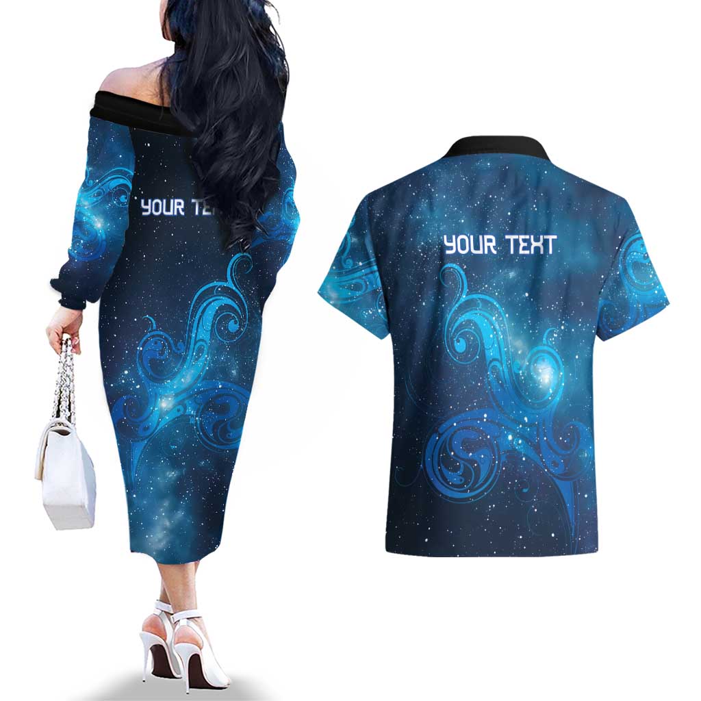 New Zealand Nurses RN Personalised Couples Matching Off The Shoulder Long Sleeve Dress and Hawaiian Shirt Galaxy Stethoscope Maori Motif LT9 - Polynesian Pride