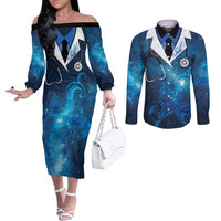 New Zealand Nurses RN Personalised Couples Matching Off The Shoulder Long Sleeve Dress and Long Sleeve Button Shirt Galaxy Stethoscope Maori Motif