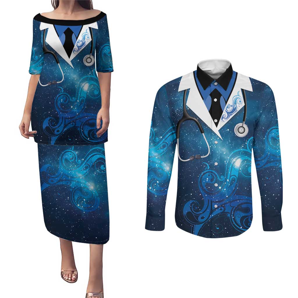 New Zealand Nurses RN Personalised Couples Matching Puletasi and Long Sleeve Button Shirt Galaxy Stethoscope Maori Motif