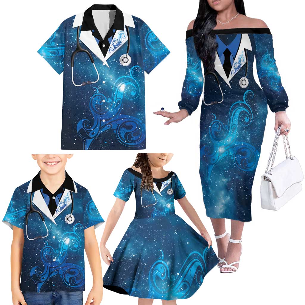 New Zealand Nurses RN Personalised Family Matching Off The Shoulder Long Sleeve Dress and Hawaiian Shirt Galaxy Stethoscope Maori Motif