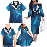 New Zealand Nurses RN Personalised Family Matching Off The Shoulder Long Sleeve Dress and Hawaiian Shirt Galaxy Stethoscope Maori Motif