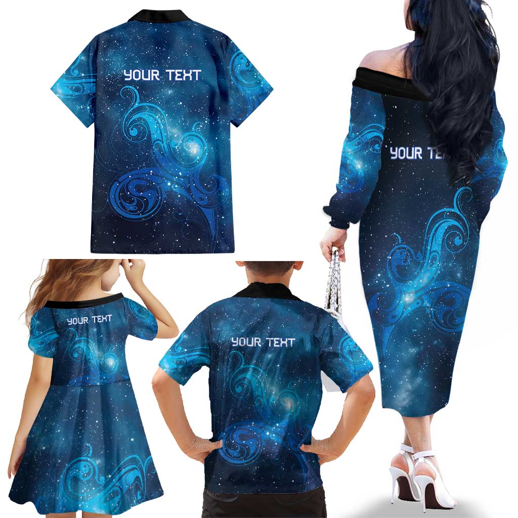New Zealand Nurses RN Personalised Family Matching Off The Shoulder Long Sleeve Dress and Hawaiian Shirt Galaxy Stethoscope Maori Motif