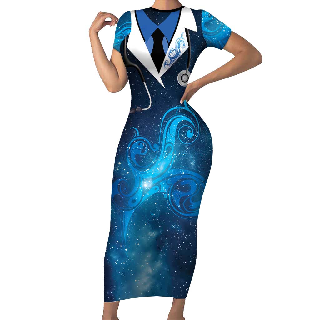 New Zealand Nurses RN Personalised Family Matching Short Sleeve Bodycon Dress and Hawaiian Shirt Galaxy Stethoscope Maori Motif