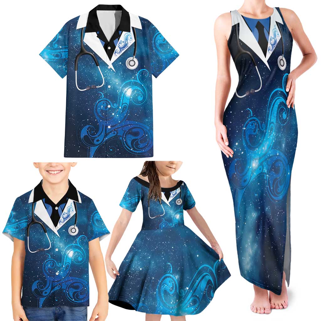 New Zealand Nurses RN Personalised Family Matching Tank Maxi Dress and Hawaiian Shirt Galaxy Stethoscope Maori Motif