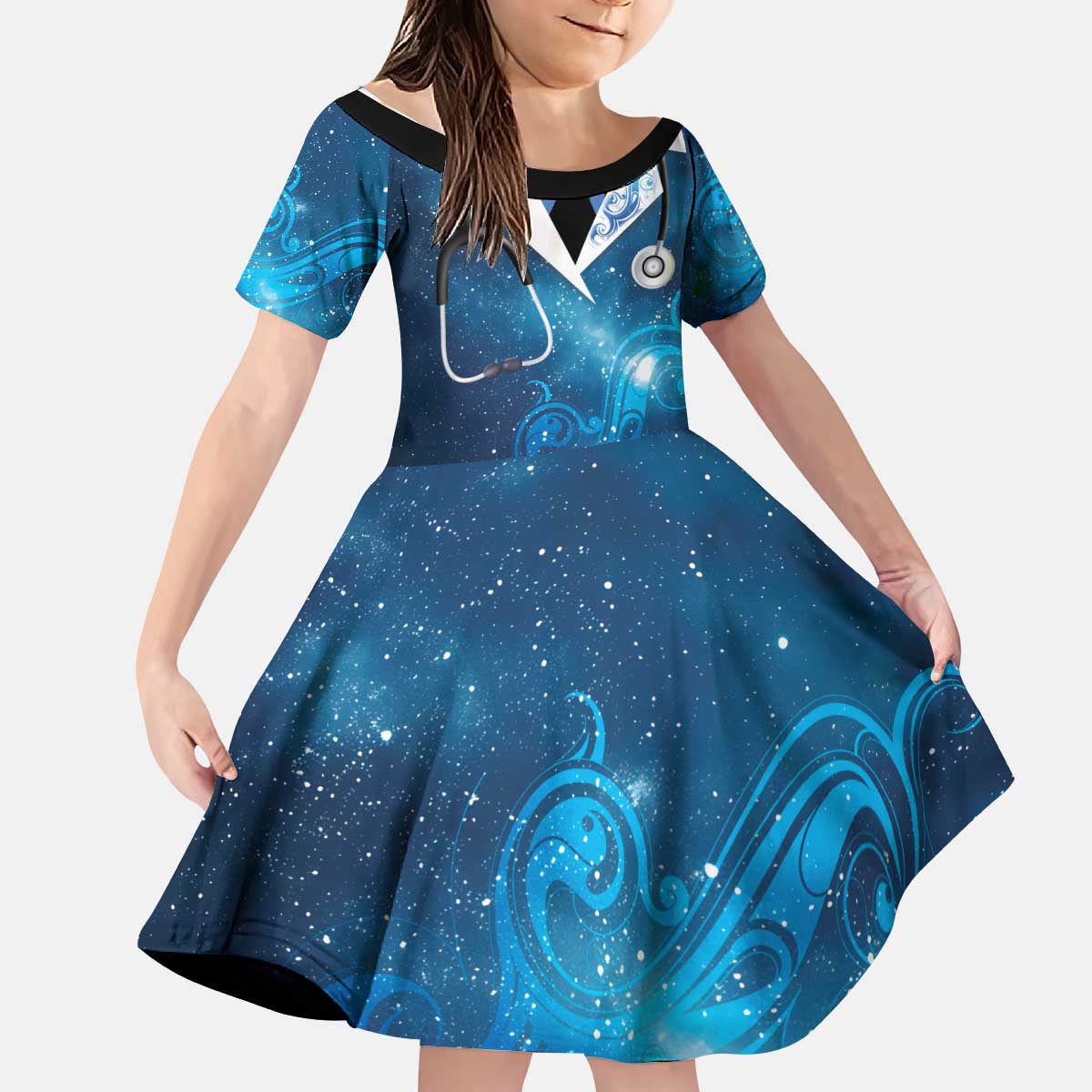 New Zealand Nurses RN Personalised Kid Short Sleeve Dress Galaxy Stethoscope Maori Motif LT9 KID Galaxy - Polynesian Pride