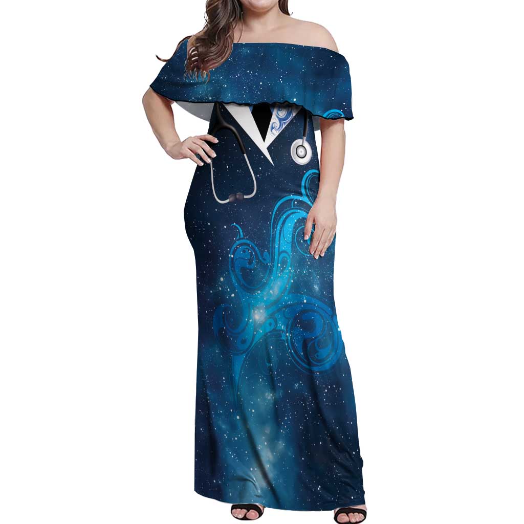 New Zealand Nurses RN Personalised Off Shoulder Maxi Dress Galaxy Stethoscope Maori Motif LT9 Women Galaxy - Polynesian Pride
