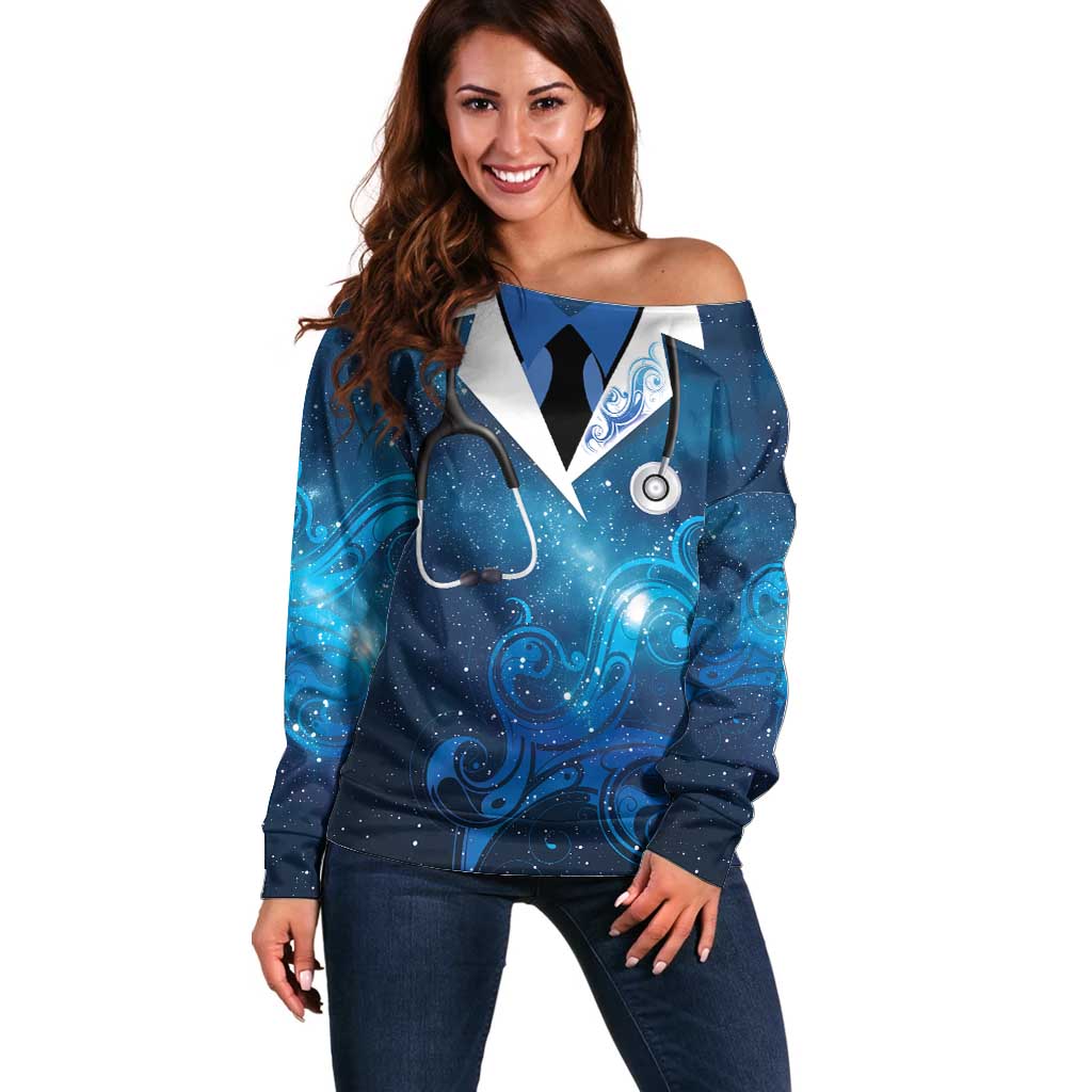 New Zealand Nurses RN Personalised Off Shoulder Sweater Galaxy Stethoscope Maori Motif