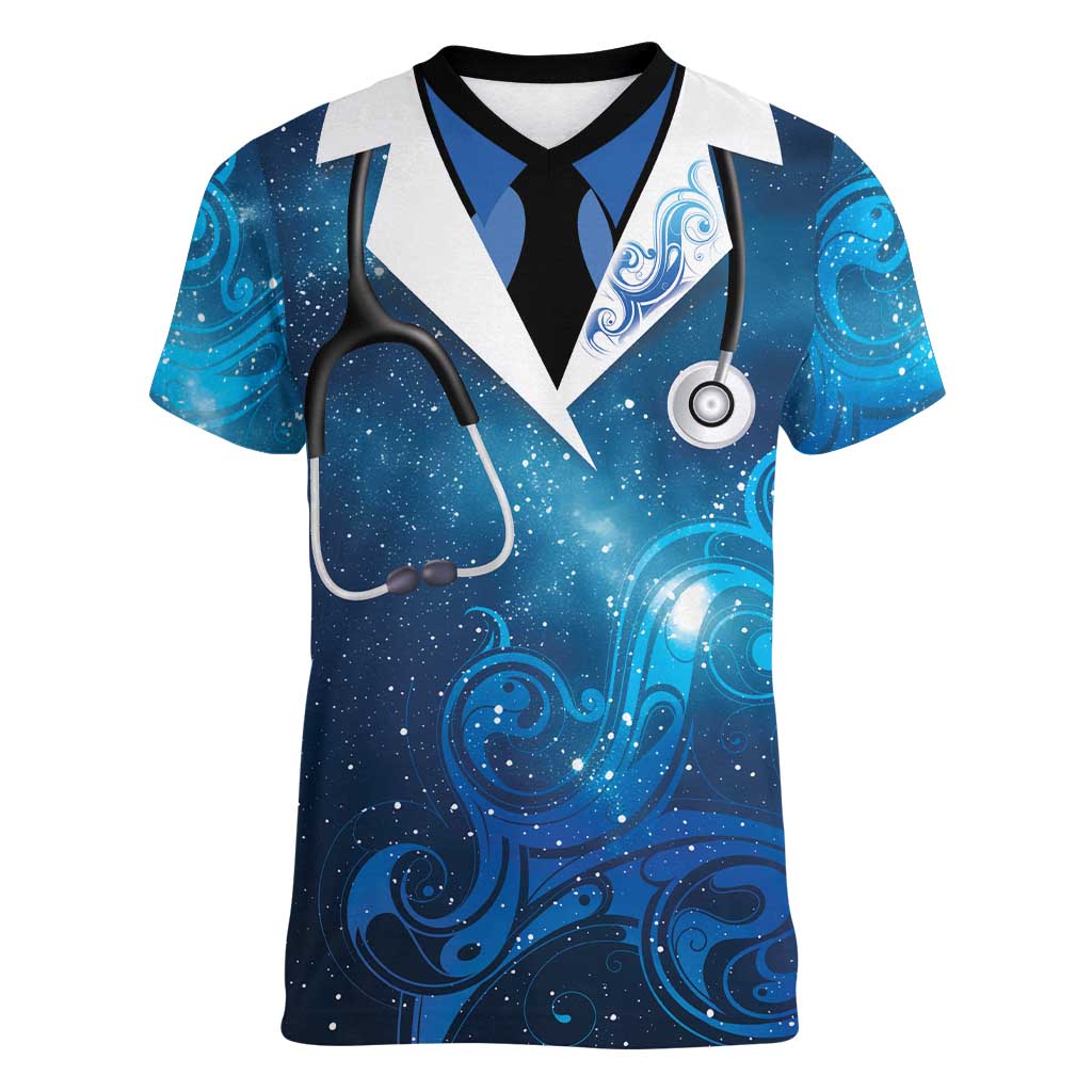 New Zealand Nurses RN Personalised Women V-Neck T-Shirt Galaxy Stethoscope Maori Motif