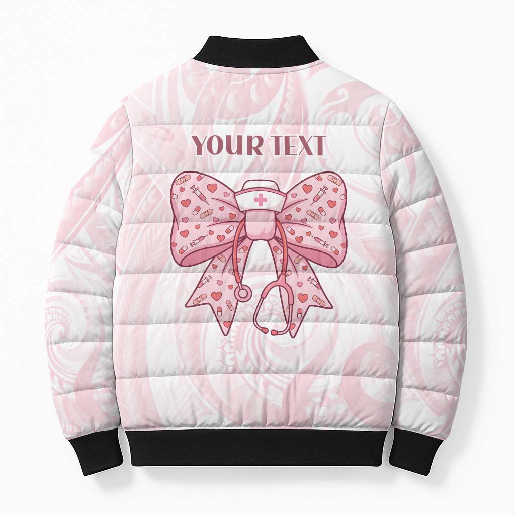 New Zealand Nurses RN Personalised Bomber Puffer Jacket Pink Stethoscope Coquette Bow Maori Motif