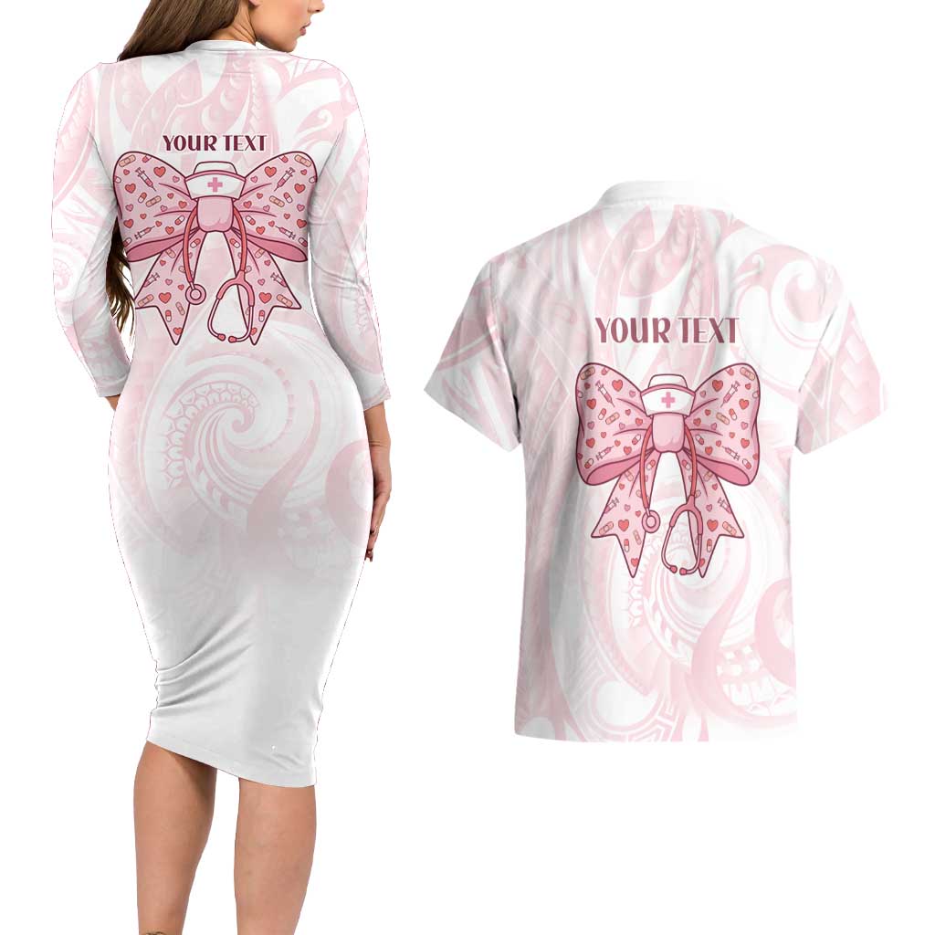 New Zealand Nurses RN Personalised Couples Matching Long Sleeve Bodycon Dress and Hawaiian Shirt Pink Stethoscope Coquette Bow Maori Motif