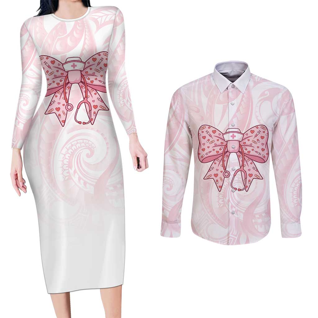 New Zealand Nurses RN Personalised Couples Matching Long Sleeve Bodycon Dress and Long Sleeve Button Shirt Pink Stethoscope Coquette Bow Maori Motif LT9 Pink - Polynesian Pride