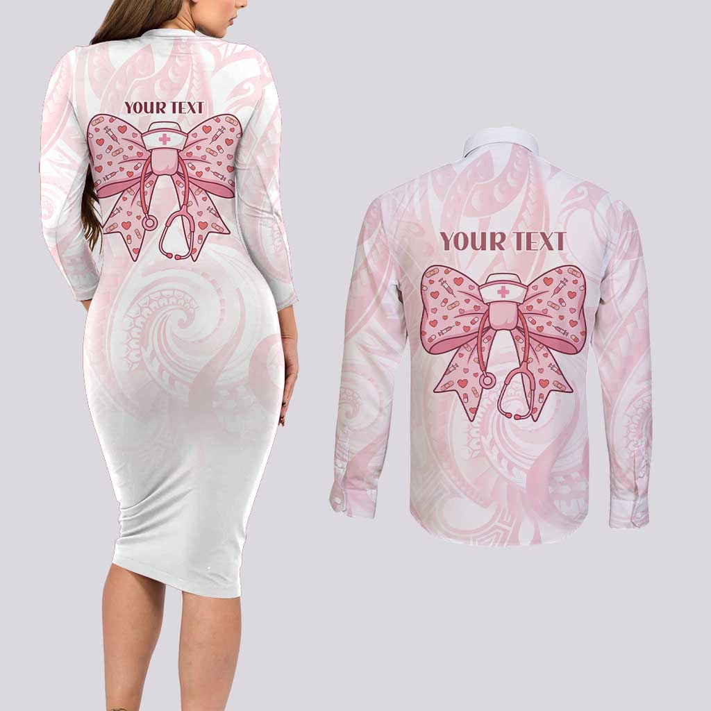 New Zealand Nurses RN Personalised Couples Matching Long Sleeve Bodycon Dress and Long Sleeve Button Shirt Pink Stethoscope Coquette Bow Maori Motif LT9 - Polynesian Pride